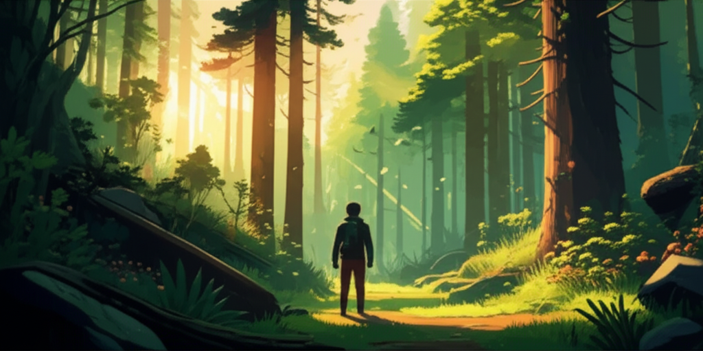 Sunlight streaming through tall trees in a lush forest